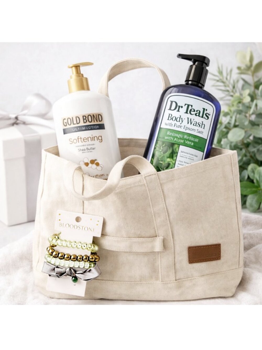 Luxury Eucalyptus Spa Set Canvas Tote, Nordstrom Hair Ties, Dr Teal’s, Gold Bond